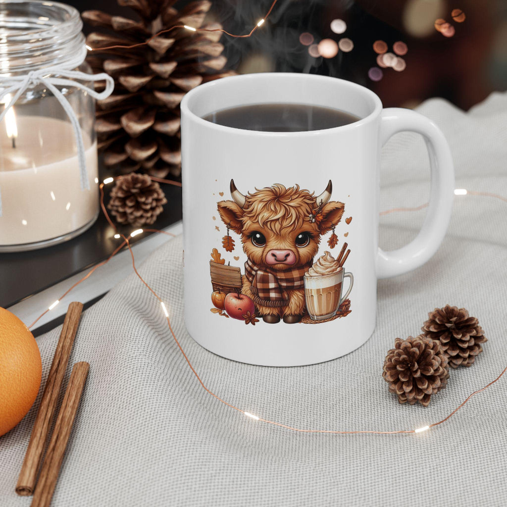 Personalised Highland Cow Mug, Autumn Cozy Drink Illustration 11oz Ceramic Coffee Cup Drinkware Washable