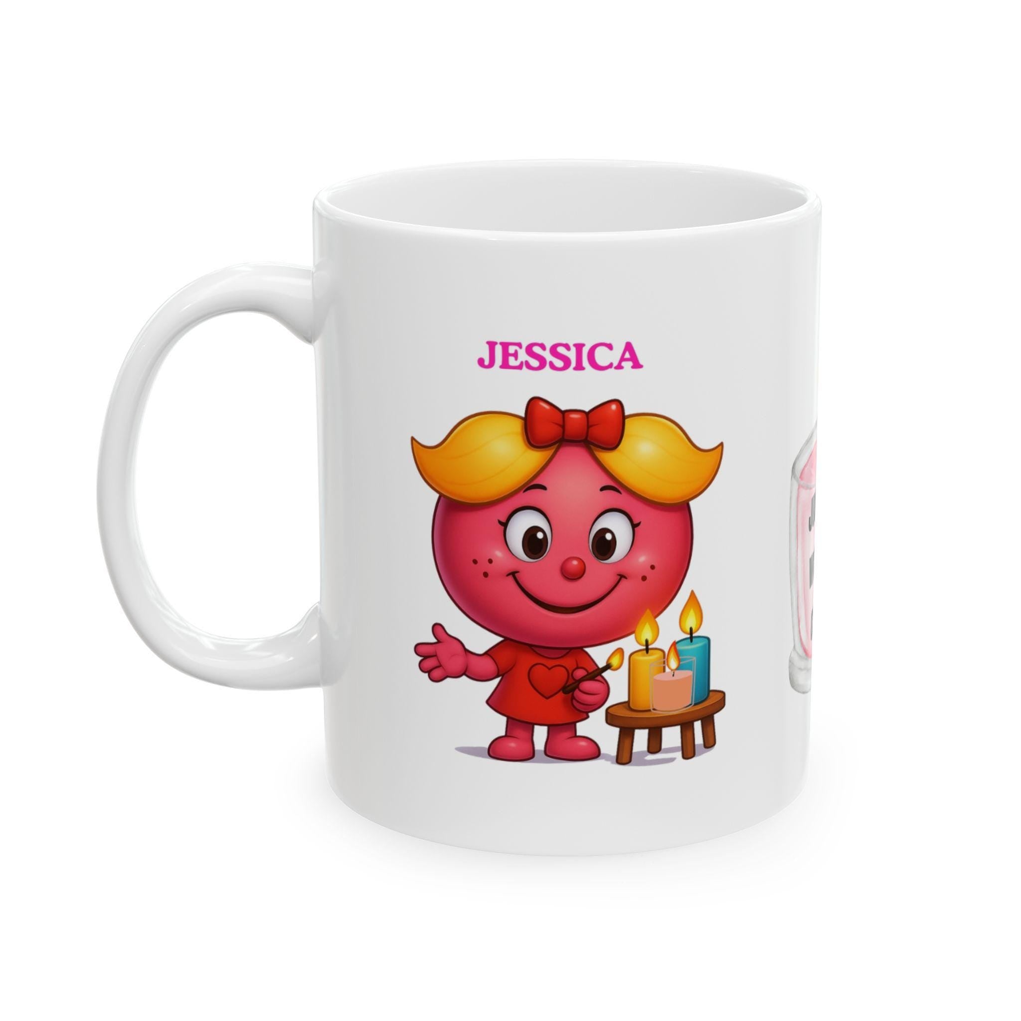 Personalised Candle Lover Mug, Jessica Name, 11oz White Coffee Cup