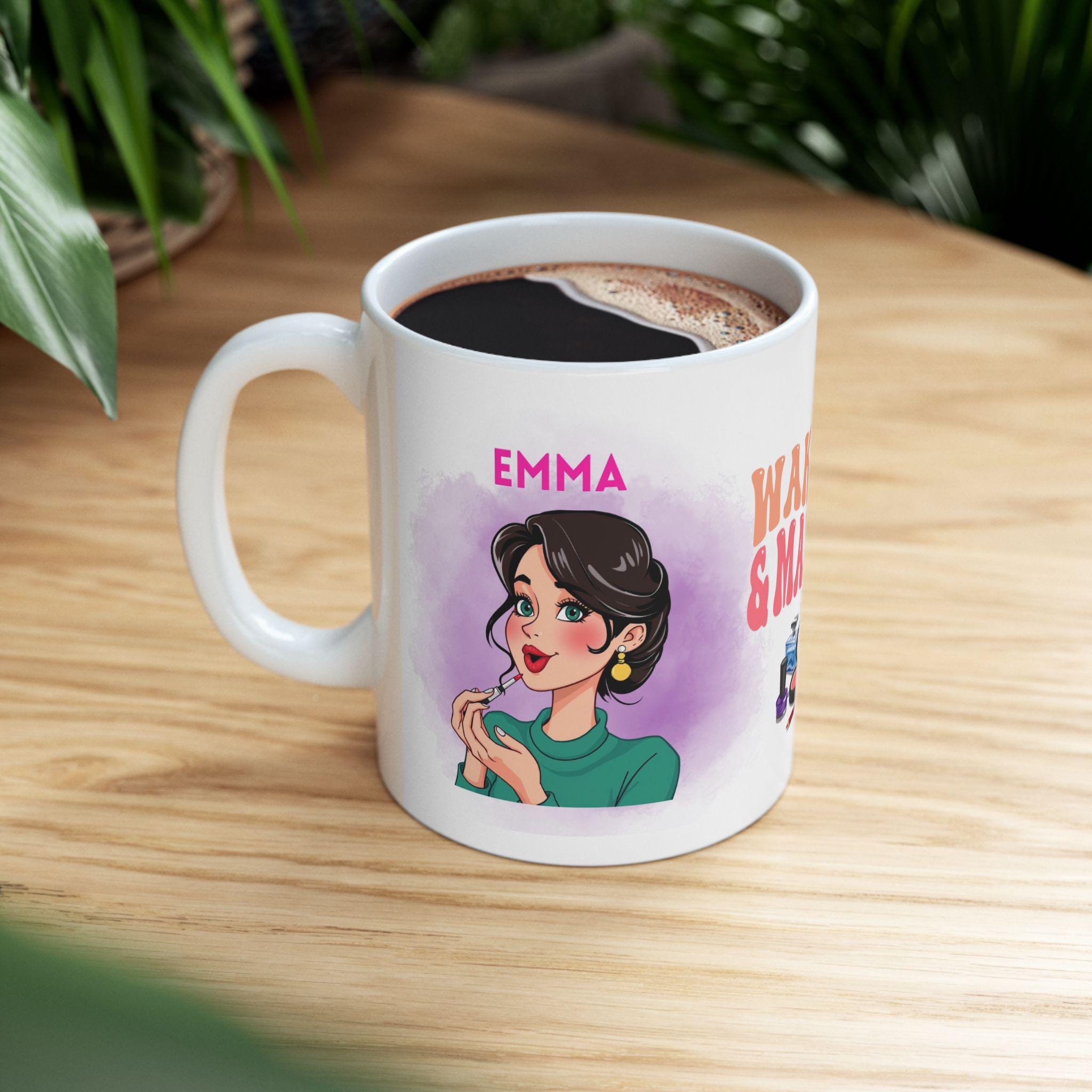 Personalised Wake Up and Makeup Mug, Fun Gift