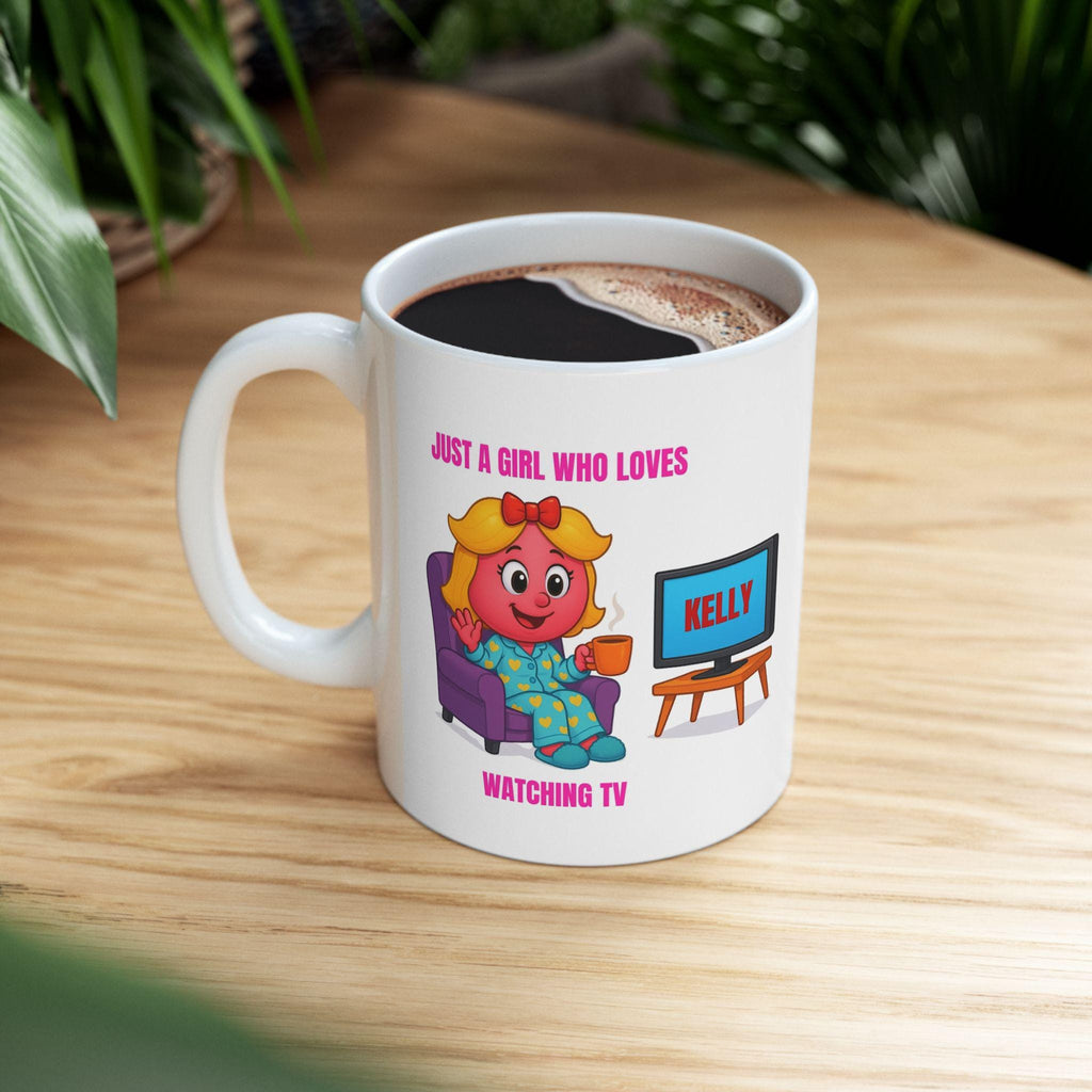 Personalised TV Watching Mug, Cartoon Girl Gift