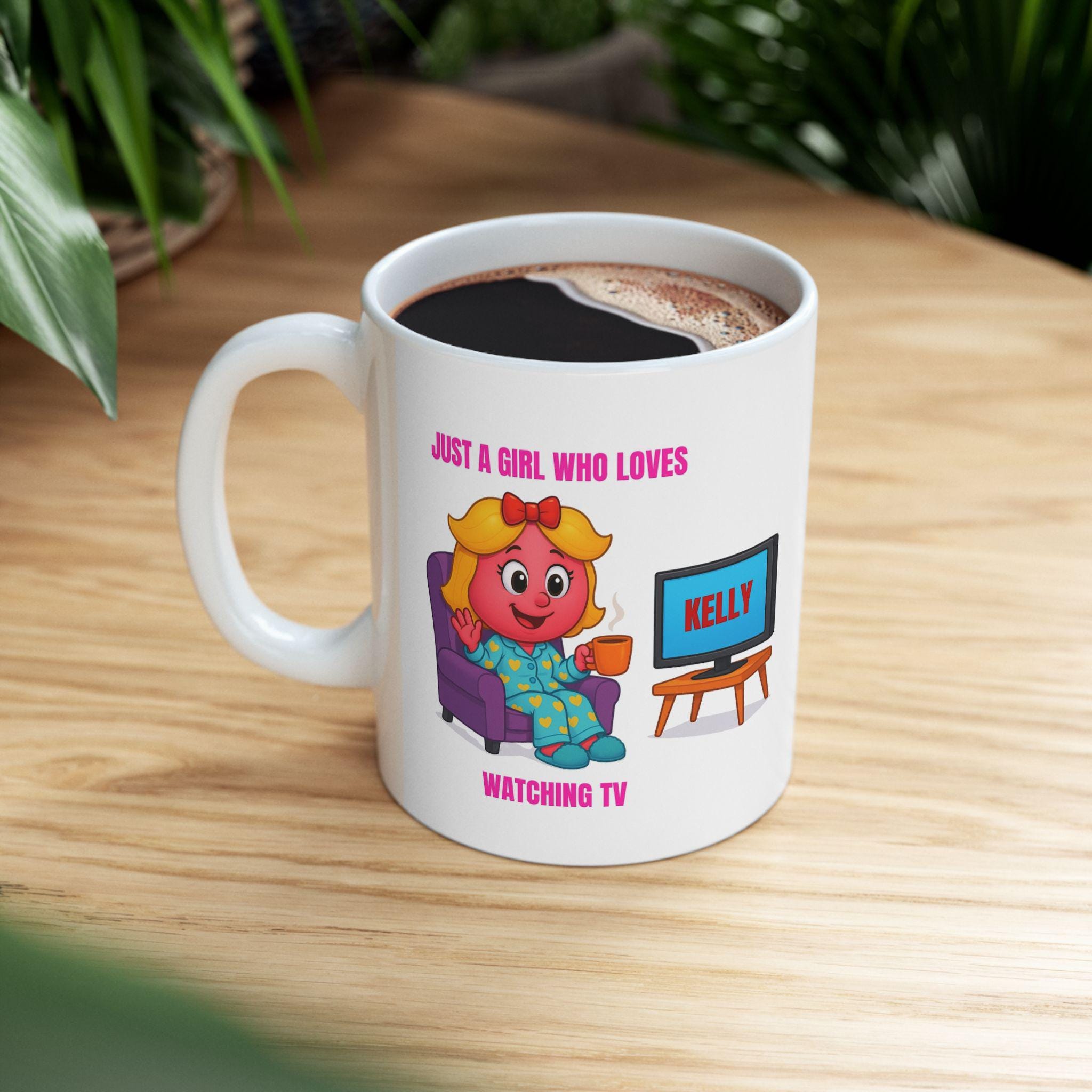 Personalised TV Watching Mug, Cartoon Girl Gift
