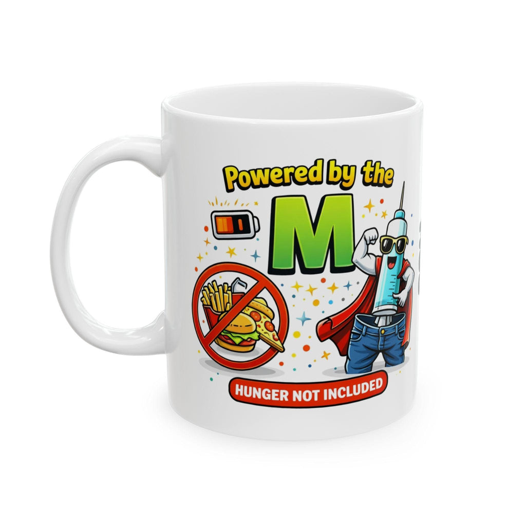Personalised Funny Weight Loss Jab Mug, Powered By The M, 11oz Ceramic Cup