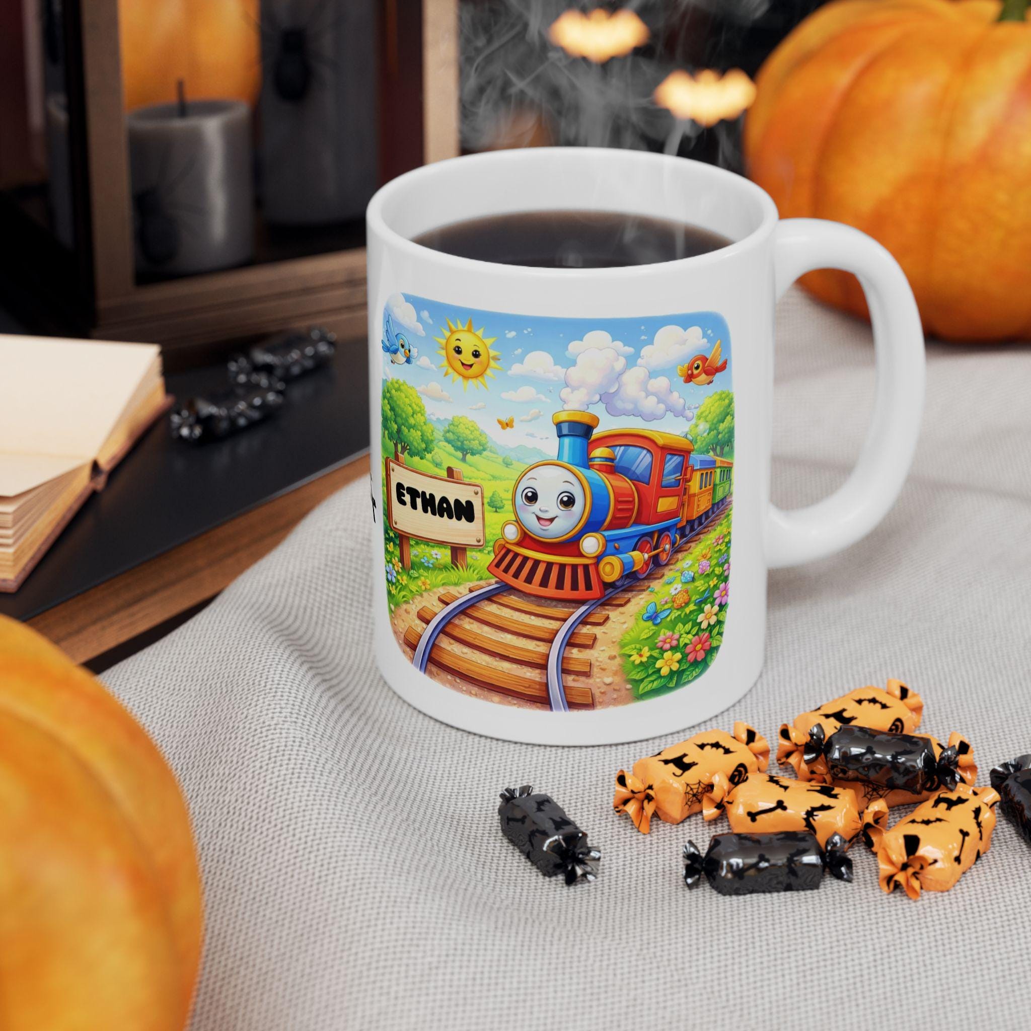Personalised Children's Train Mug, 11oz Ceramic, Boy, Girl, Colourful