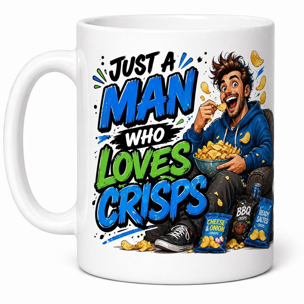 Just a man who loves crisps mug, personalised.