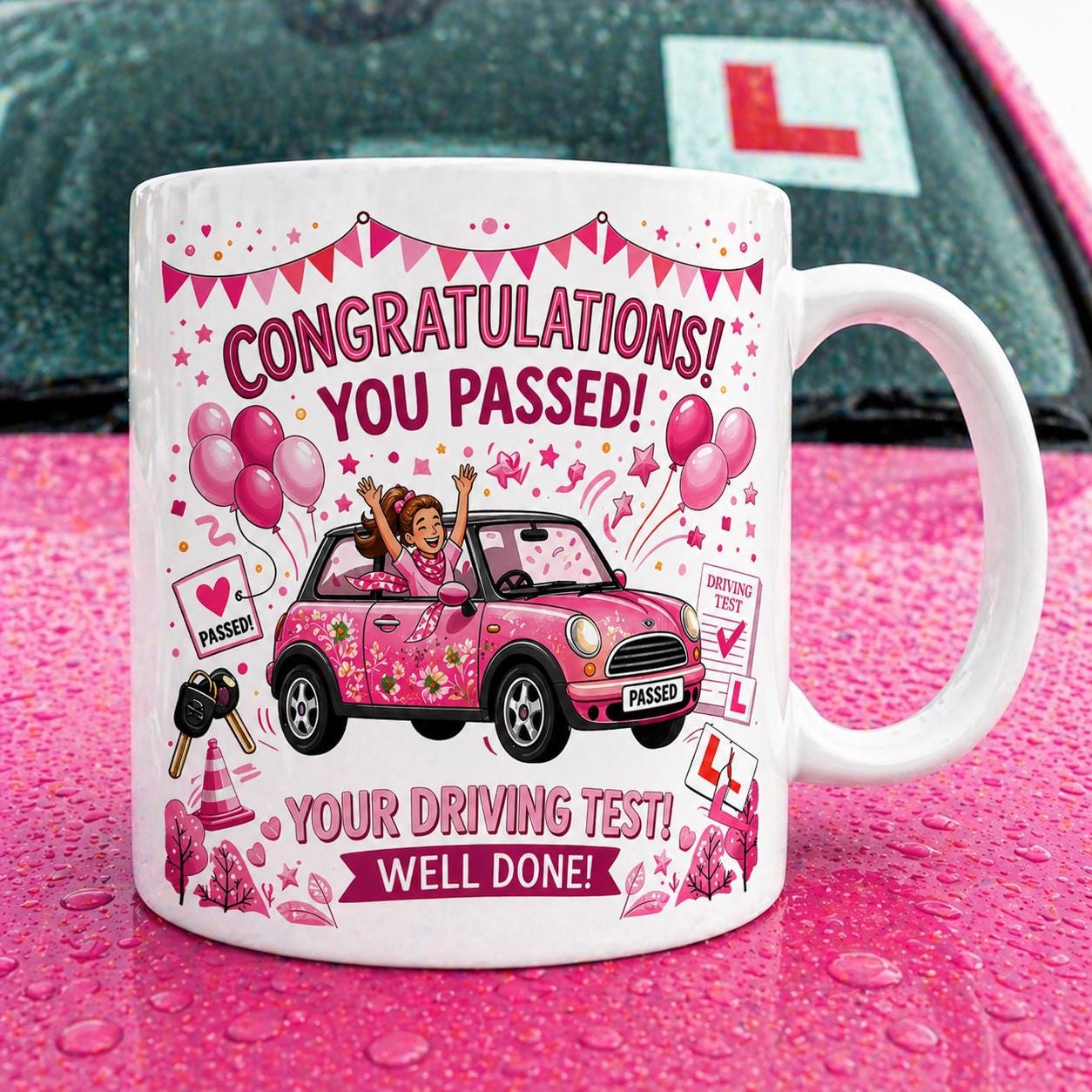 Passed driving test mug, gift, her, xmas, birthday, New driver, fun, car, personalised, pink