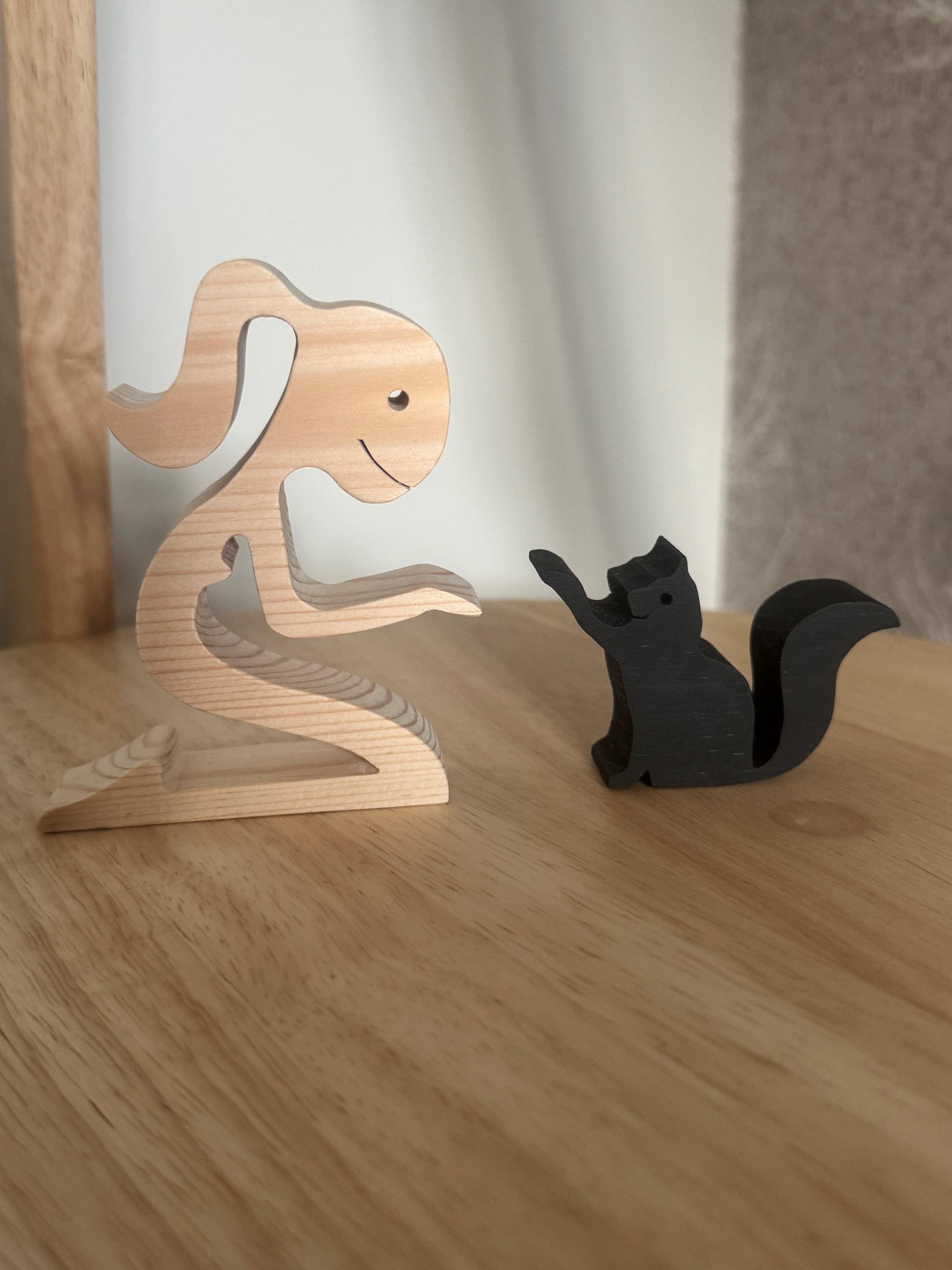 Woman and black cat Wooden sculpture, Hand made, Gift, unique, Craftmanship, Animal.