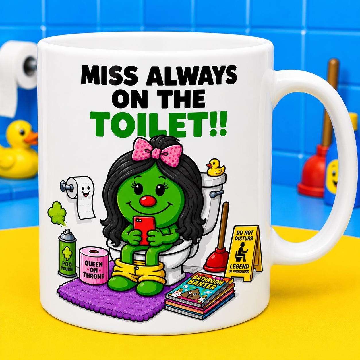 Personalised "Miss Always on the Toilet" Mug, Funny Novelty Gift, 11oz Ceramic Coffee Cup