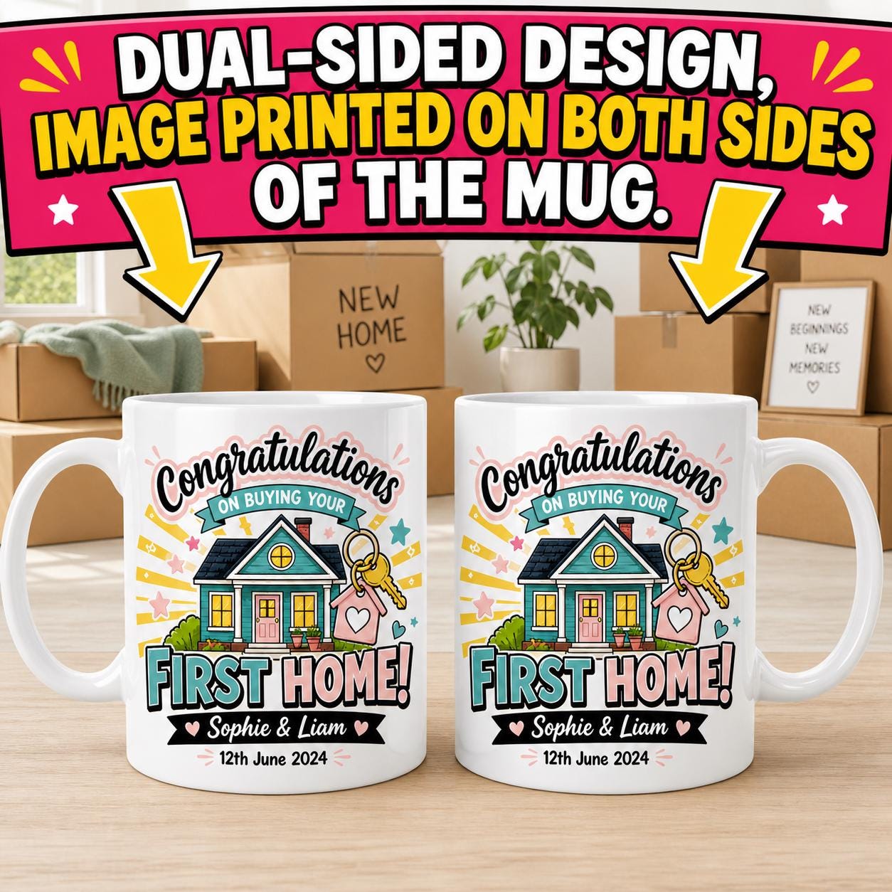 Personalised First Home Mug, New Home Gift For Couple, Housewarming Present, Custom Name & Date Cup, Congratulations on Your New Home, 11oz