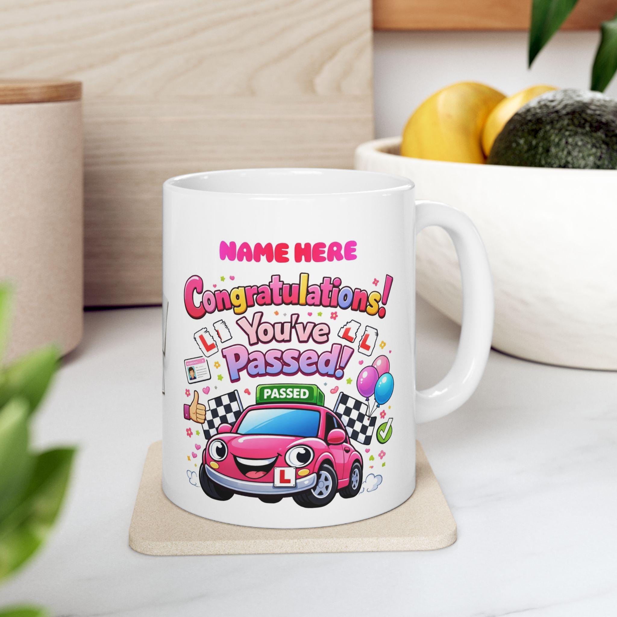 Passed driving test mug, him, her, personalised, congratulations, pink, blue, 11oz ceramic, cup