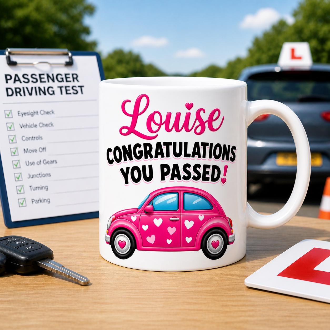 Passed driving test mug, gift, her, xmas, birthday, New driver, fun, car, personalised, pink heart car, 11oz ceramic