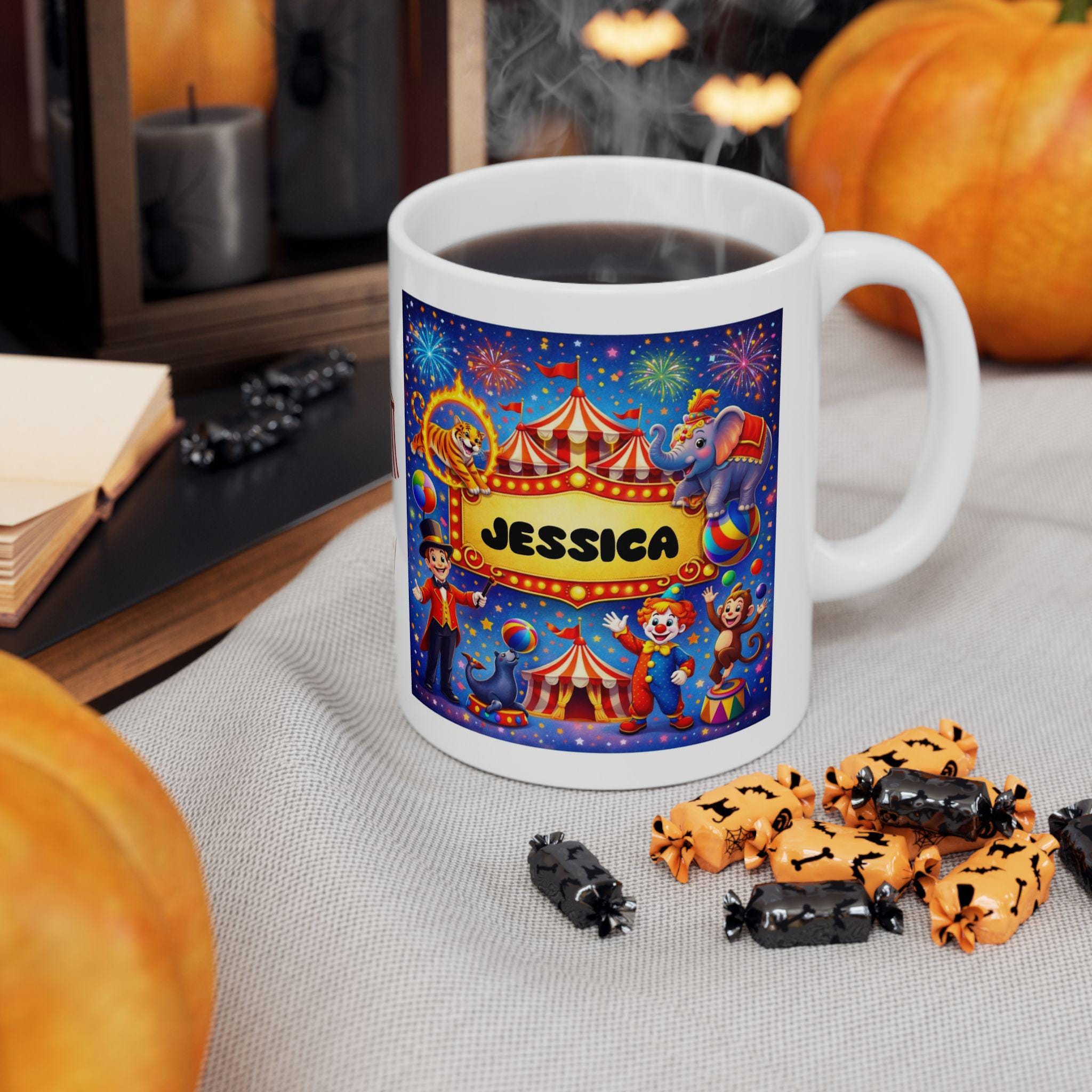 Personalised Children's Circus Mug, 11oz Ceramic, Boy, Girl, Colourful, Animals