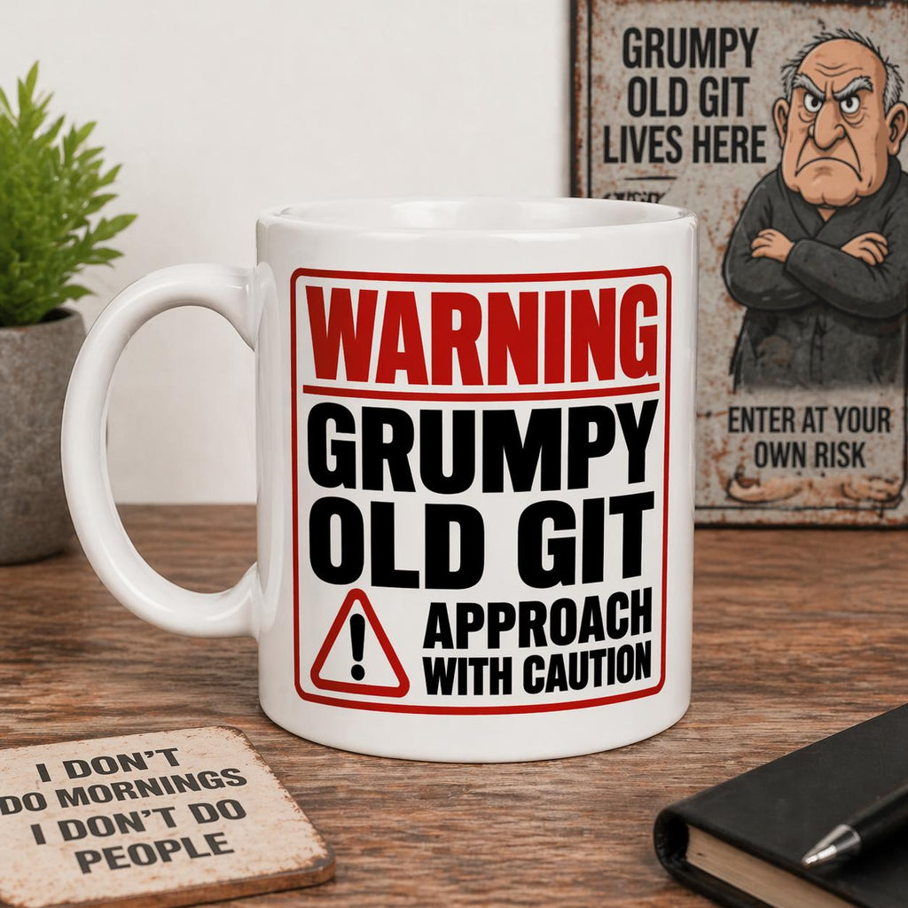 Personalised Warning Grumpy Old Git Approach With Caution Funny Mug, Banter, Man, Woman, 11oz Ceramic Coffee Cup