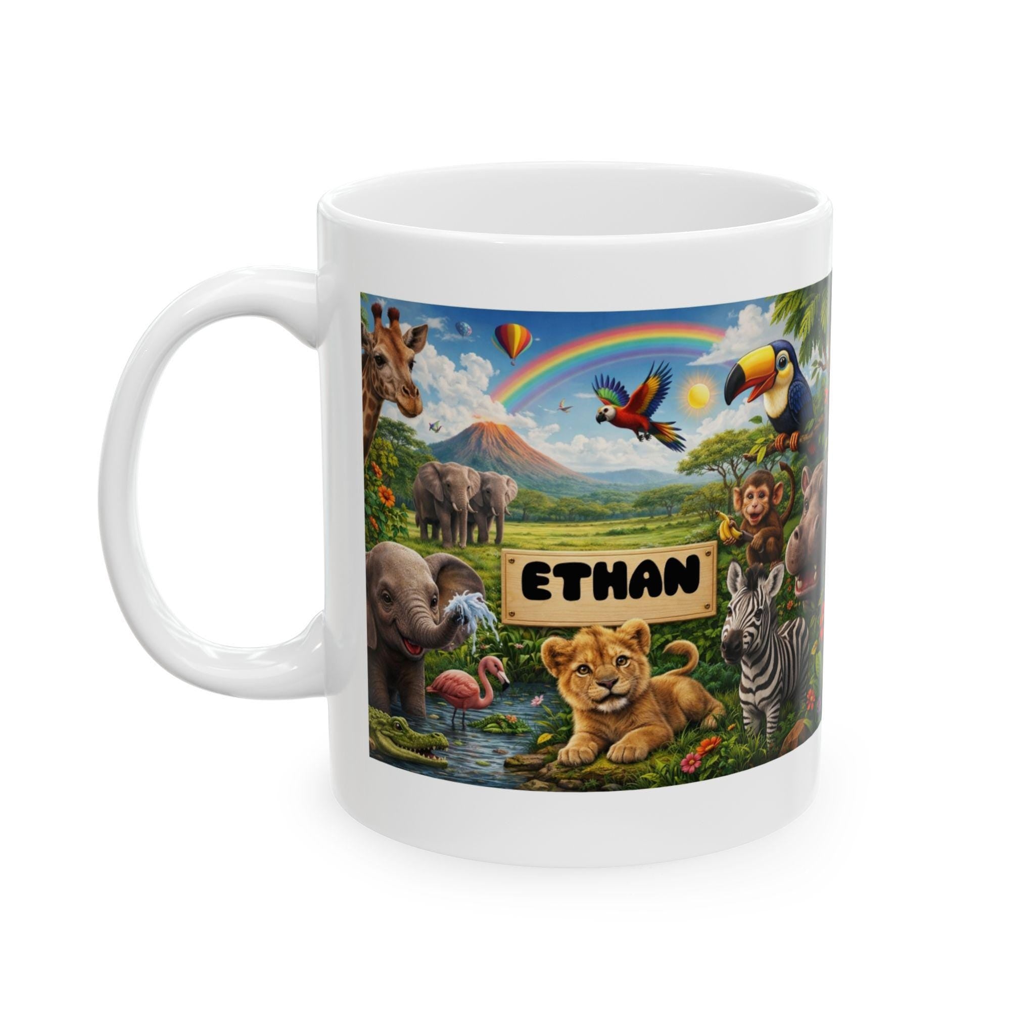 Personalised Children's Jungle Mug, 11oz Ceramic, Boy, Girl, Colourful, Animal Cup
