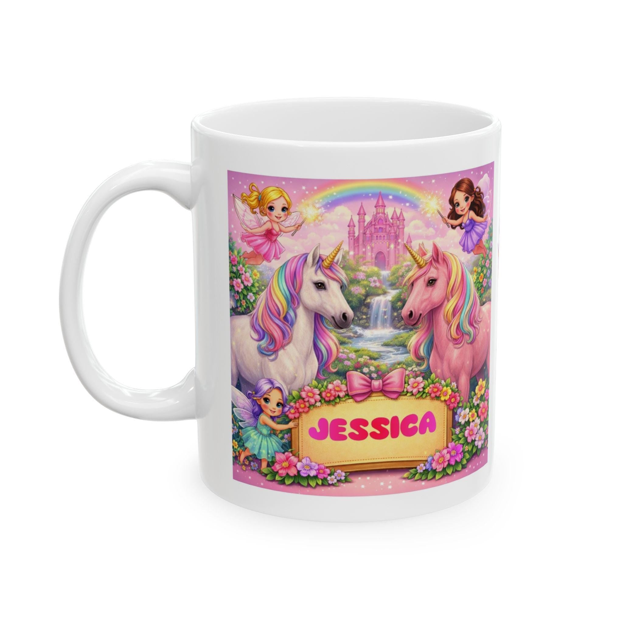 Personalised Children's Unicorn & Fairy Mug, 11oz Ceramic, Pink, Girl