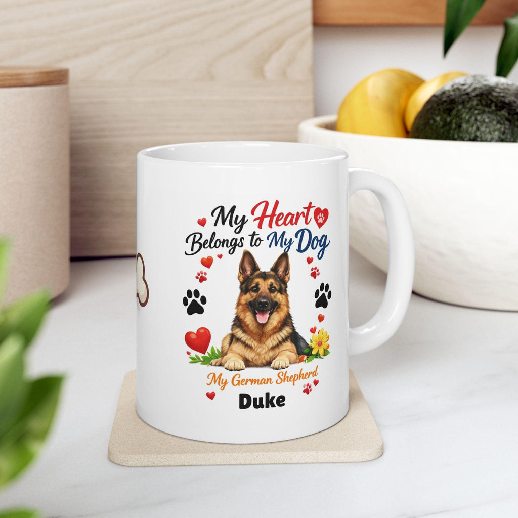 Personalised German Shepherd Dog Mug, Heart Belongs To My Dog Coffee Cup