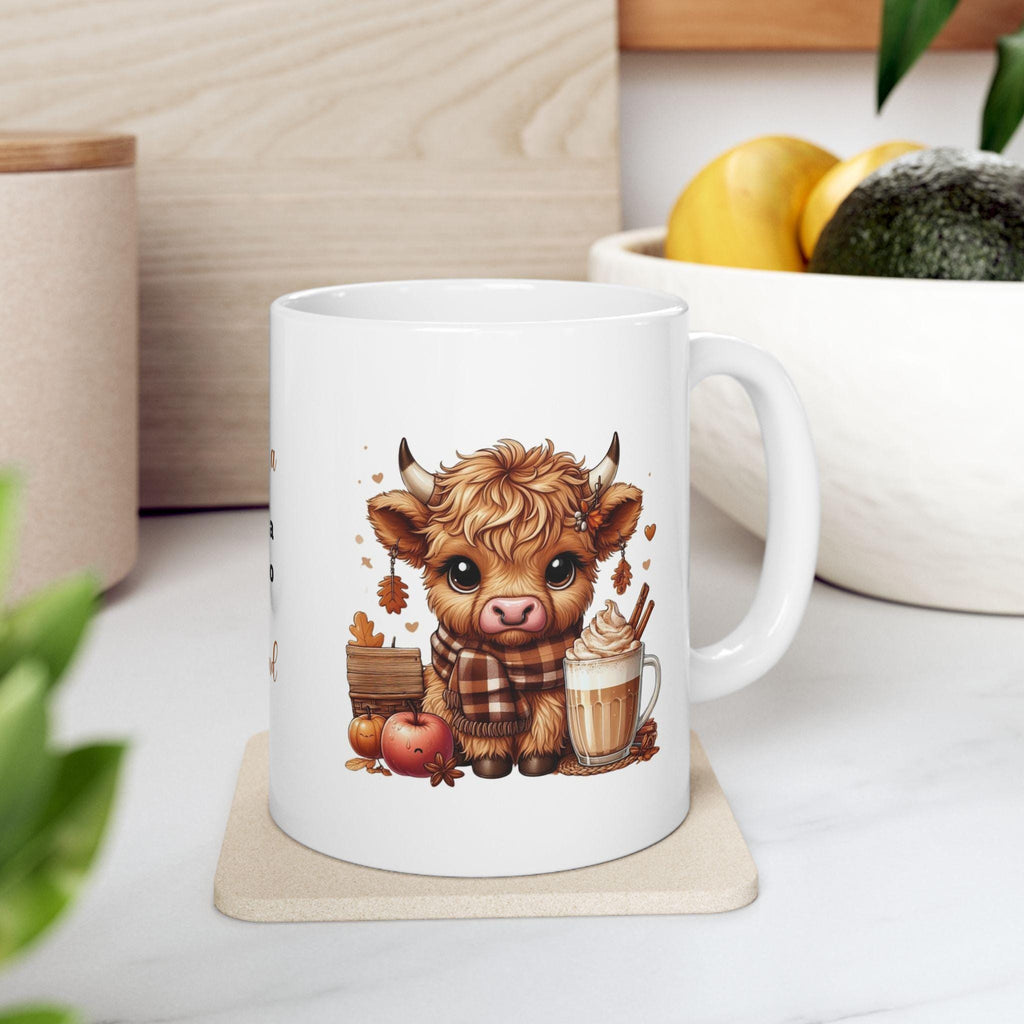 Personalised Highland Cow Mug, Autumn Cozy Drink Illustration 11oz Ceramic Coffee Cup Drinkware Washable