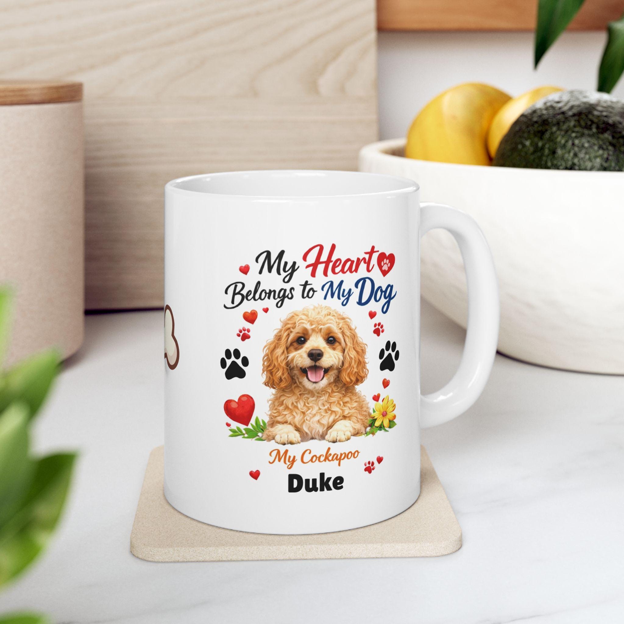 Cockapoo dog mug, my heart belongs to a cockapoo, personalised