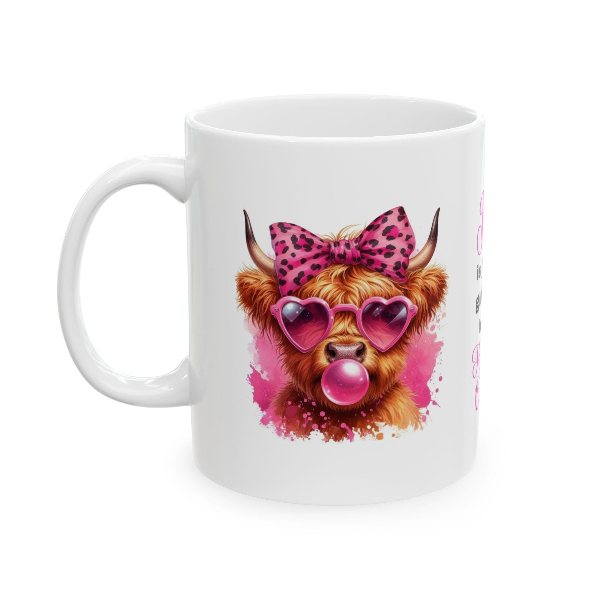 Personalised Highland Cow Mug, Pink Animal Design 11oz Ceramic Coffee Cup Drinkware Washable