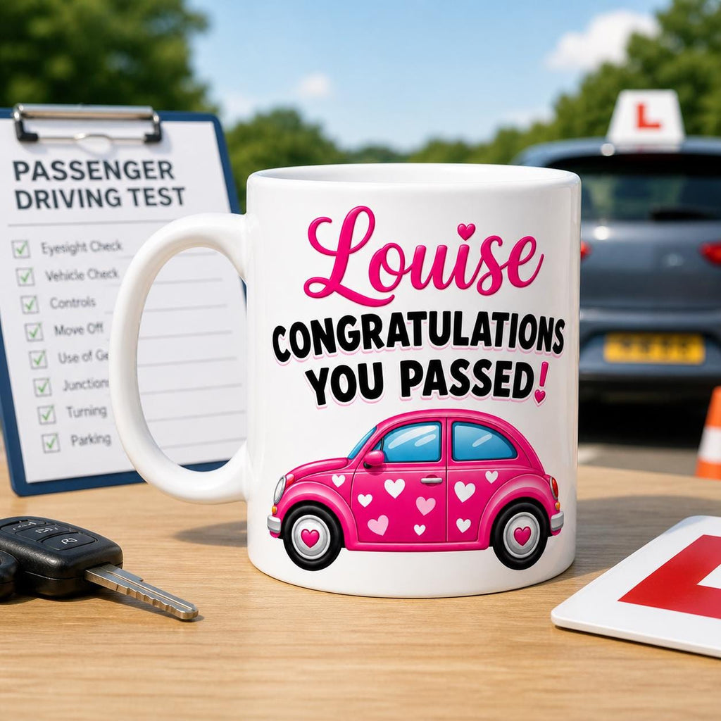 Passed driving test mug, gift, her, xmas, birthday, New driver, fun, car, personalised, pink heart car, 11oz ceramic