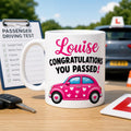 Passed driving test mug, gift, her, xmas, birthday, New driver, fun, car, personalised, pink heart car, 11oz ceramic