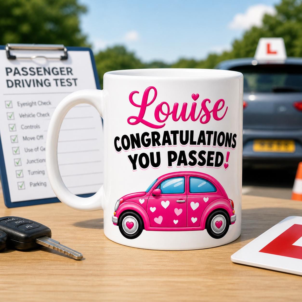 Passed driving test mug, gift, her, xmas, birthday, New driver, fun, car, personalised, pink heart car, 11oz ceramic