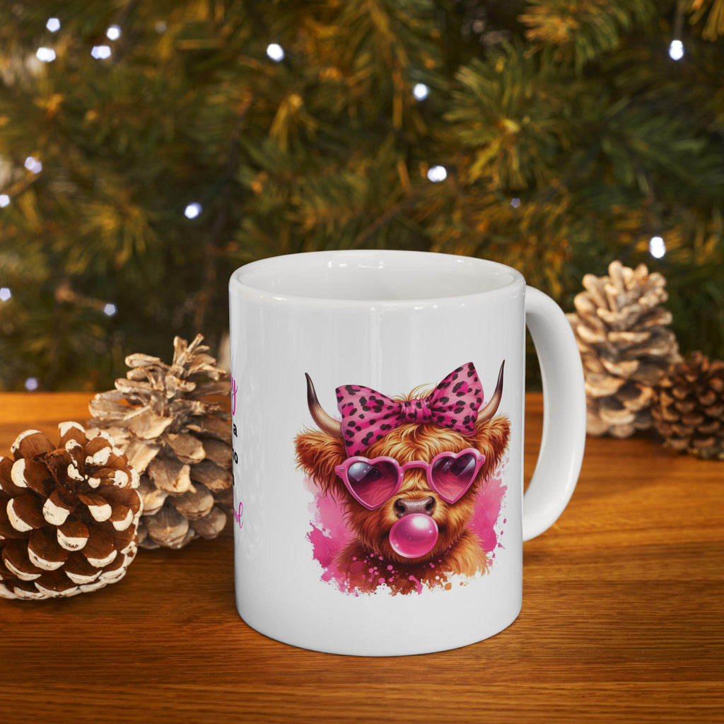 Personalised Highland Cow Mug, Pink Animal Design 11oz Ceramic Coffee Cup Drinkware Washable