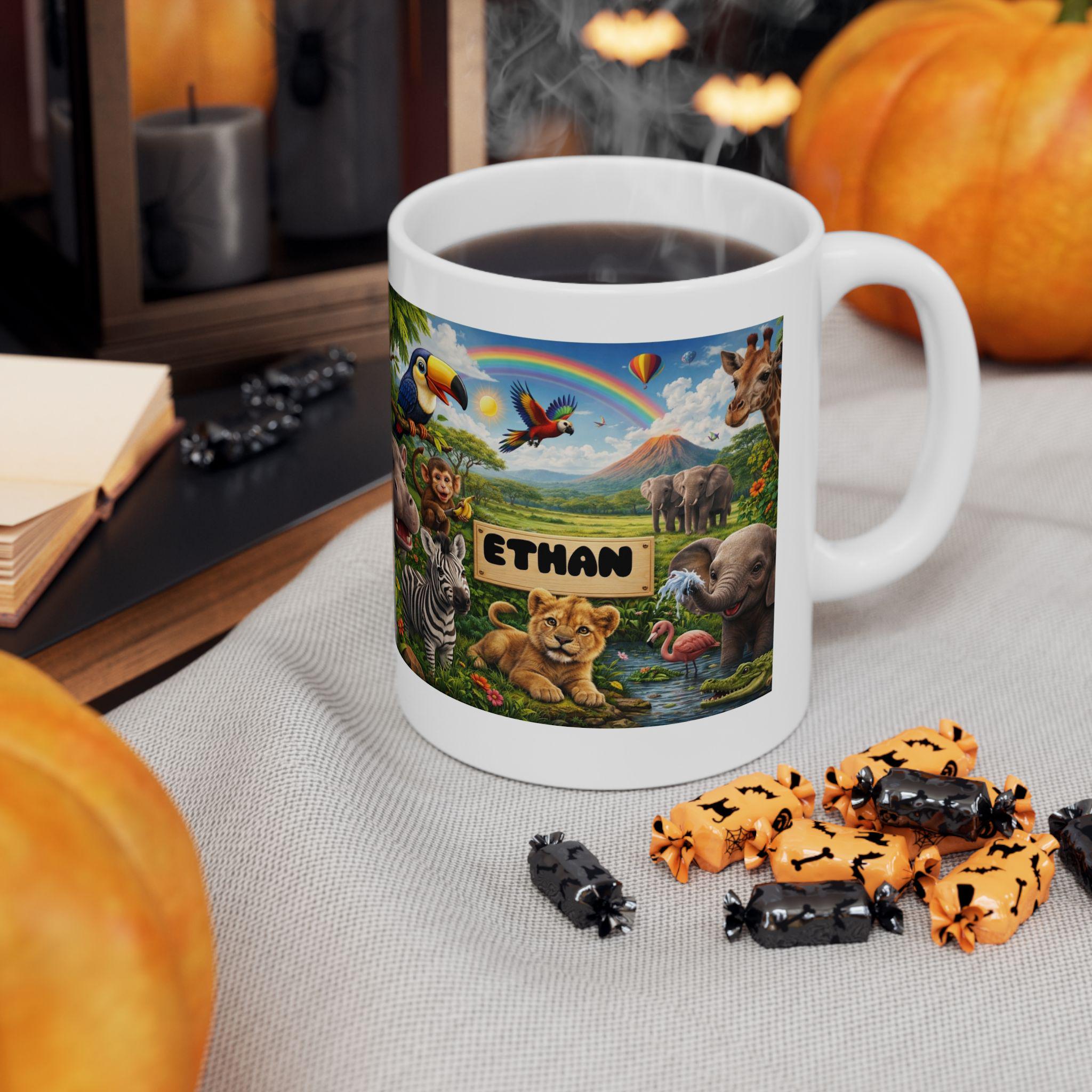 Personalised Children's Jungle Mug, 11oz Ceramic, Boy, Girl, Colourful, Animal Cup