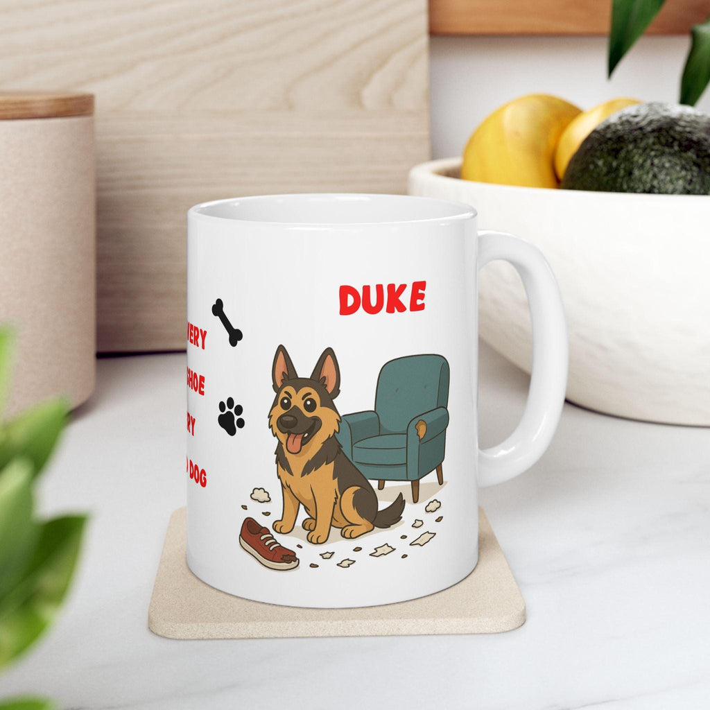Personalised German shepherd dog Mug: chewing shoes quote funny.