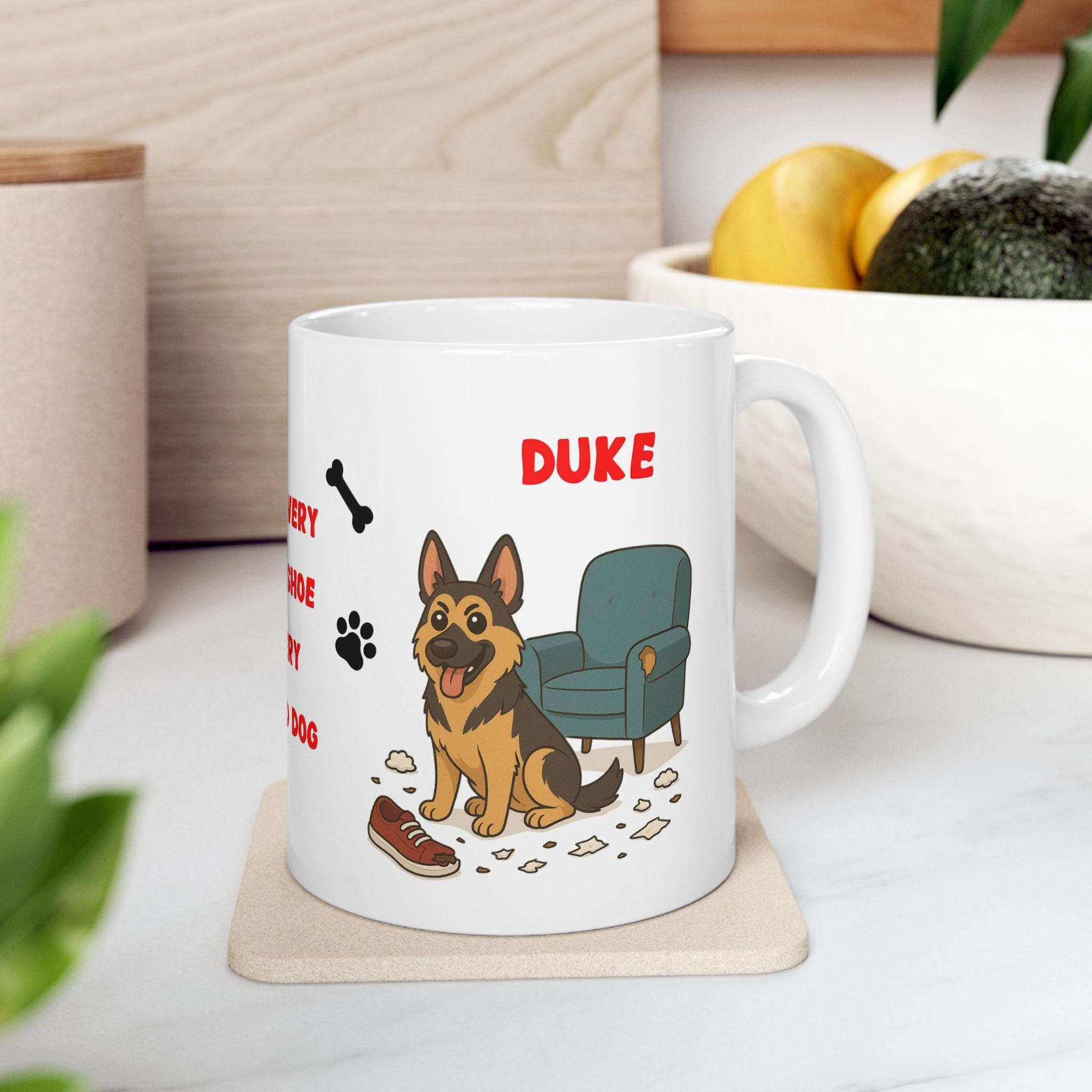 Personalised German shepherd dog Mug: chewing shoes quote funny.