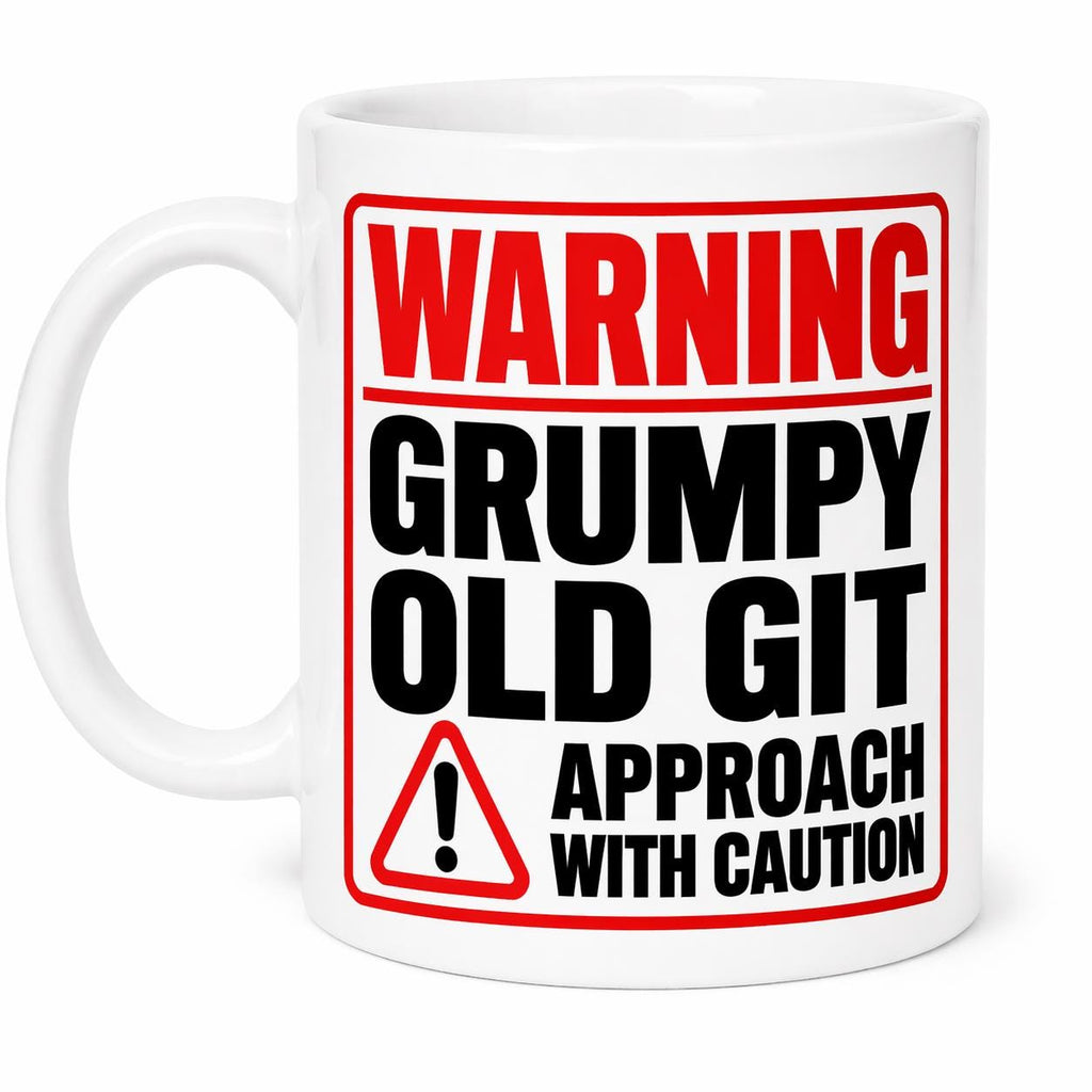 Personalised Warning Grumpy Old Git Approach With Caution Funny Mug, Banter, Man, Woman, 11oz Ceramic Coffee Cup