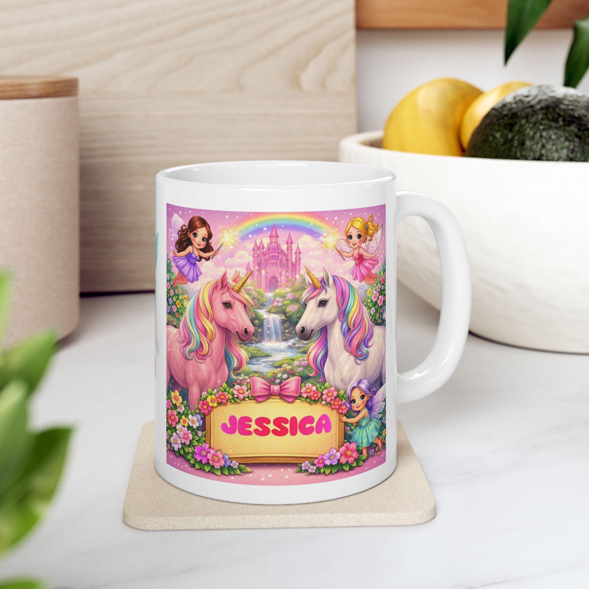 Personalised Children's Unicorn & Fairy Mug, 11oz Ceramic, Pink, Girl