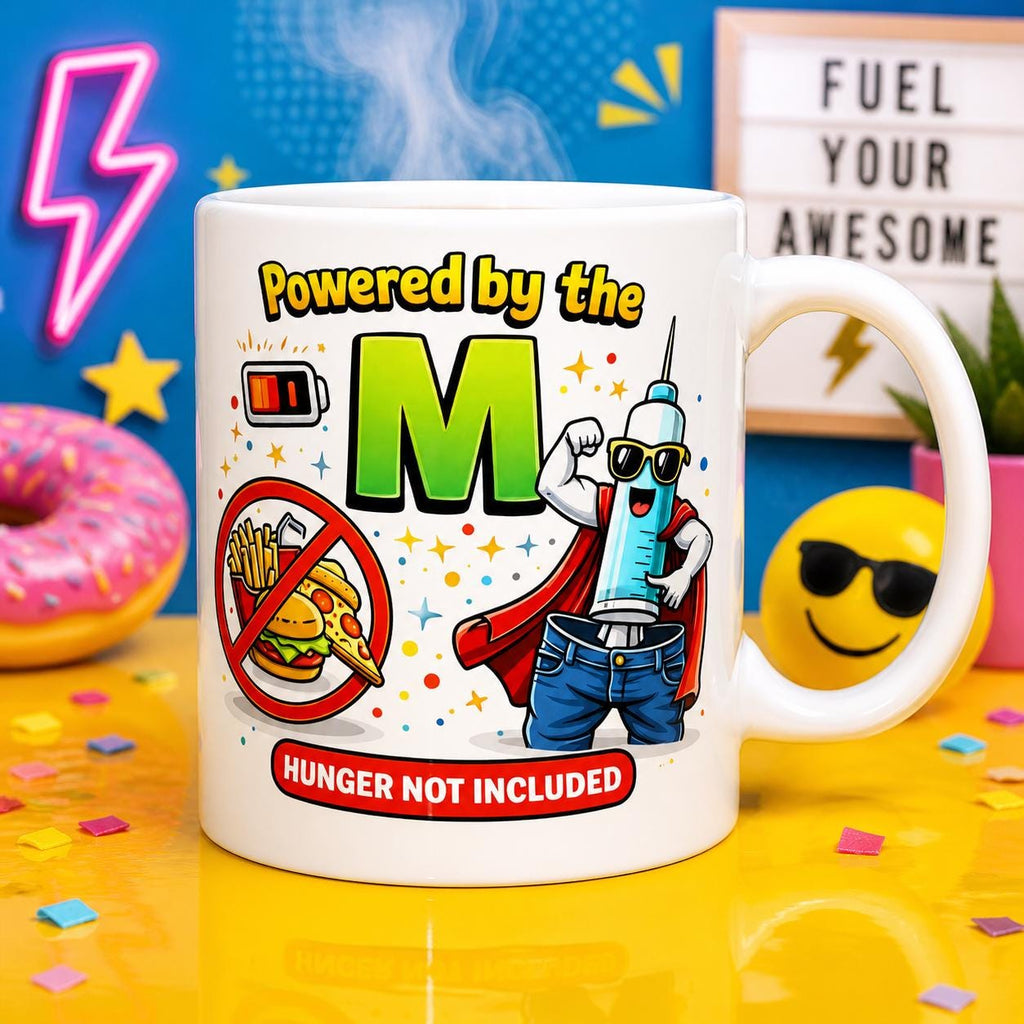 Personalised Funny Weight Loss Jab Mug, Powered By The M, 11oz Ceramic Cup