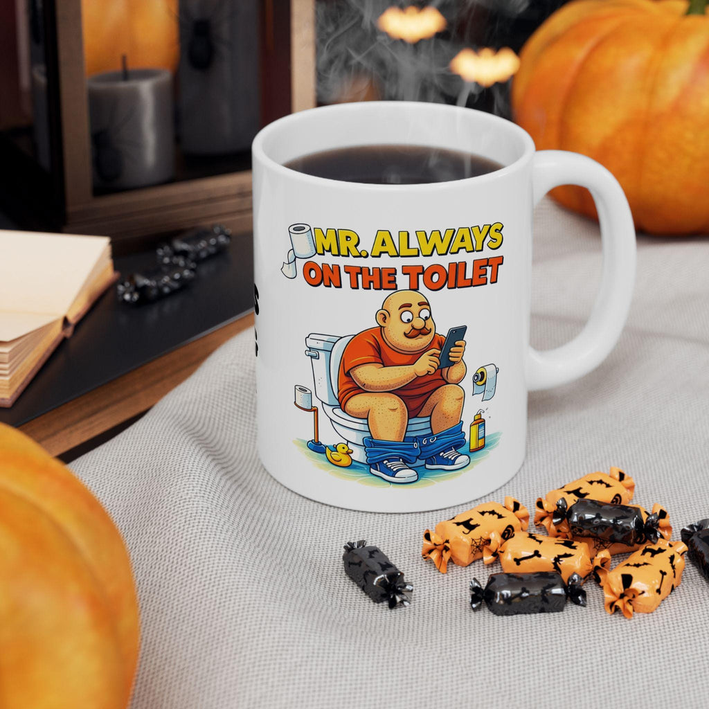 Personalised Mr Always On Toilet Mug, Funny Bathroom Coffee Cup