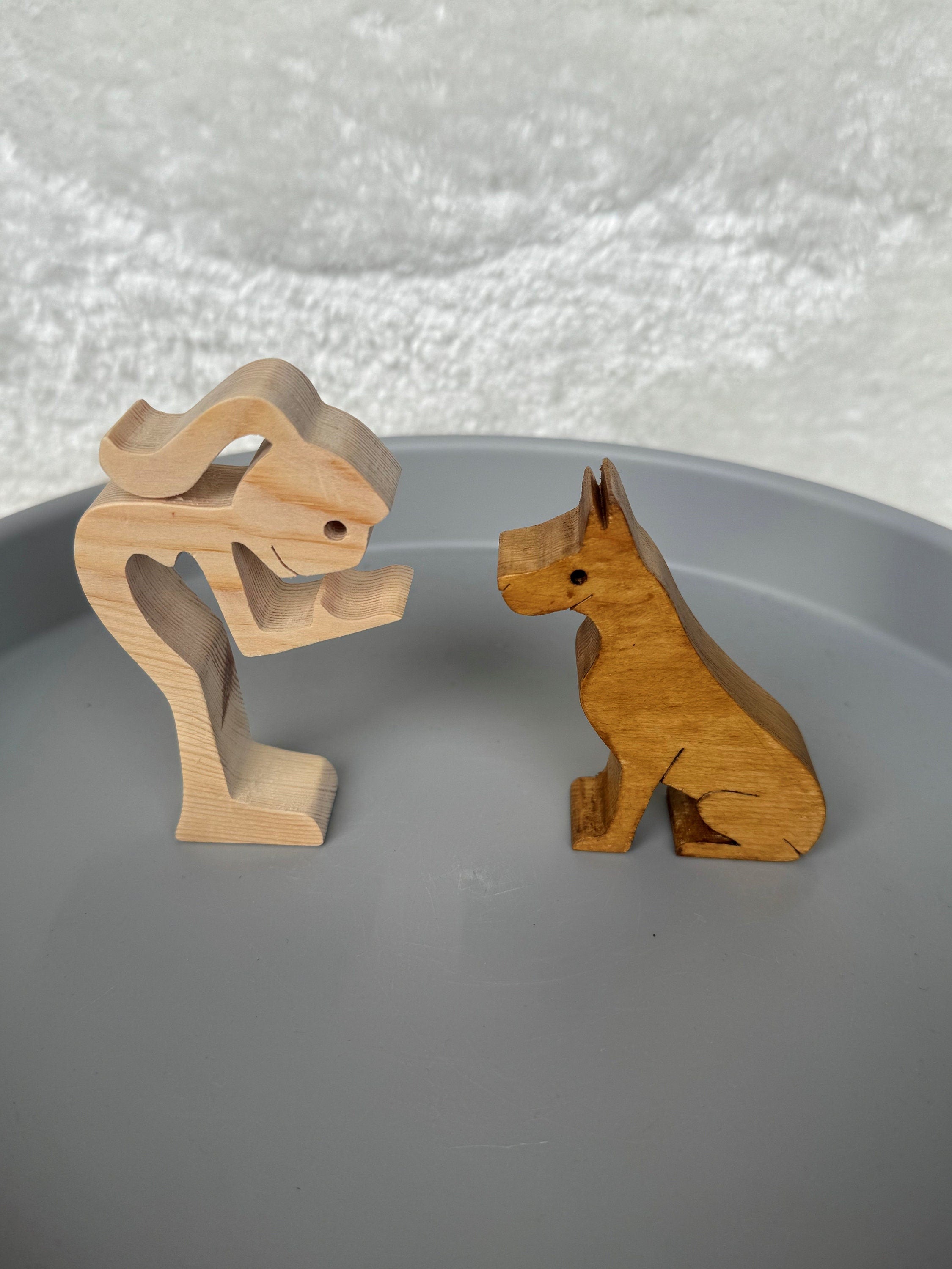 Woman and dog wooden figure, Hand made.