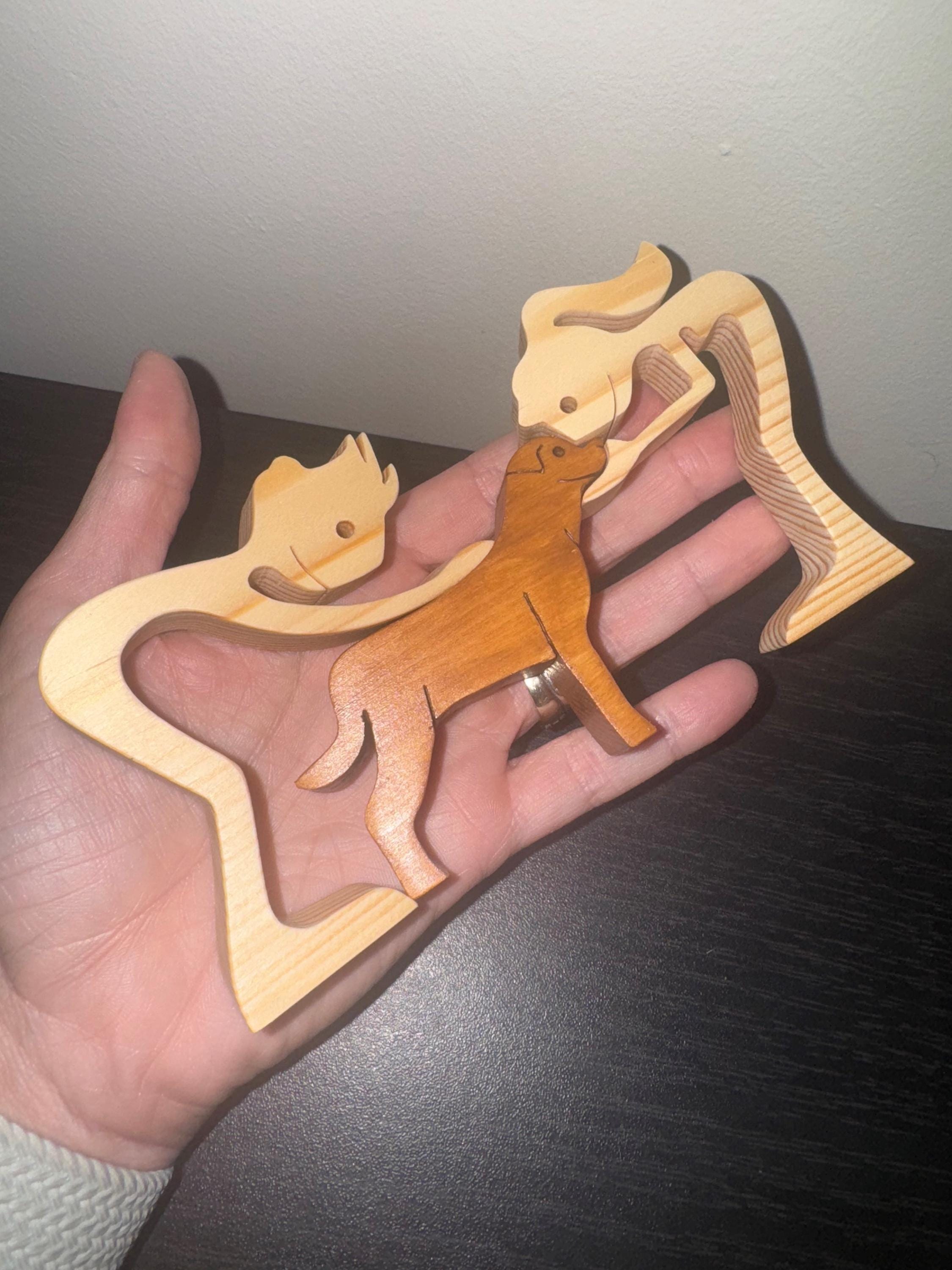 Man woman and Rottweiler wooden Sculpture, Hand made.