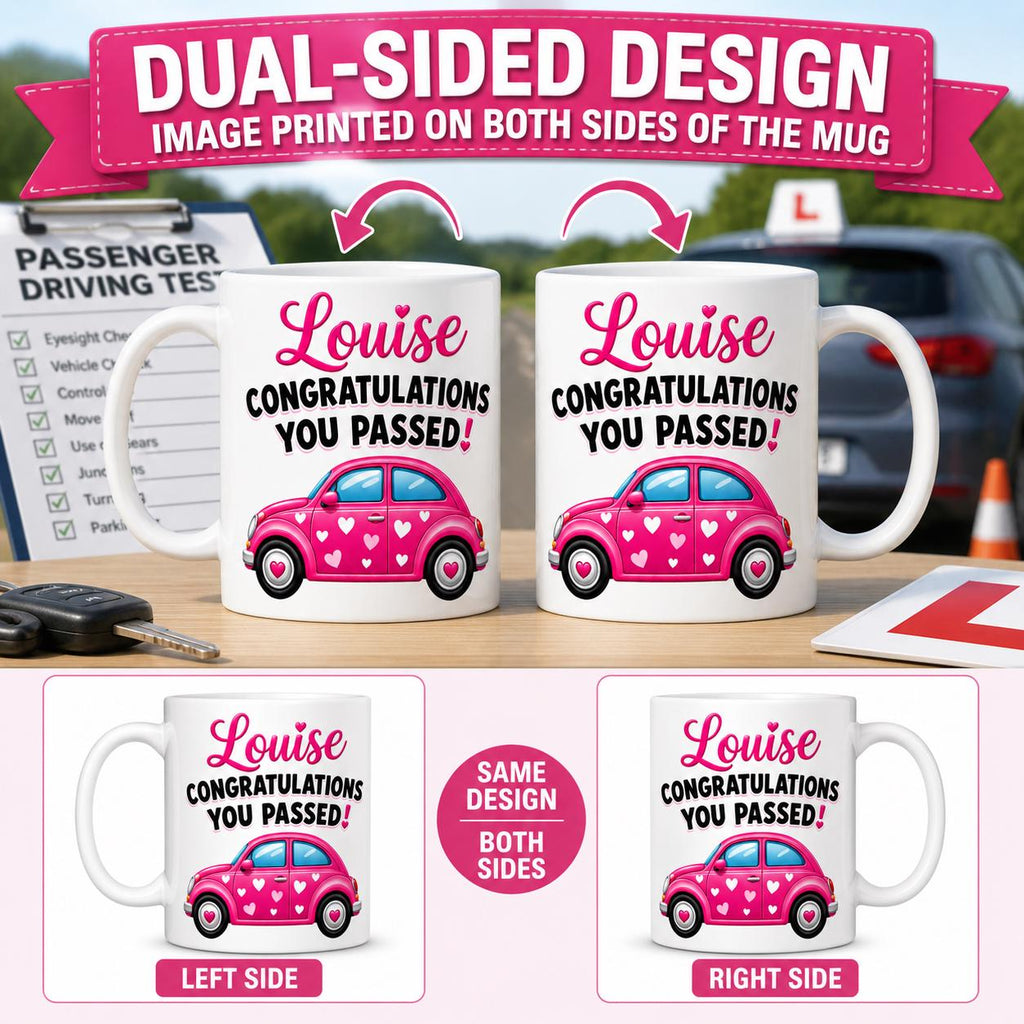 Passed driving test mug, gift, her, xmas, birthday, New driver, fun, car, personalised, pink heart car, 11oz ceramic
