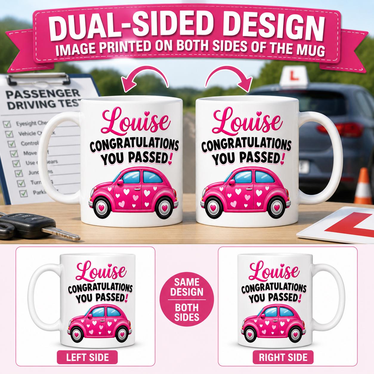 Passed driving test mug, gift, her, xmas, birthday, New driver, fun, car, personalised, pink heart car, 11oz ceramic