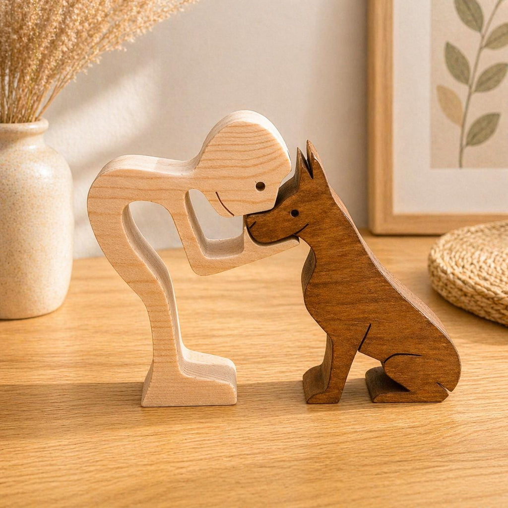 Man and Dog wooden Sculpture. Hand made