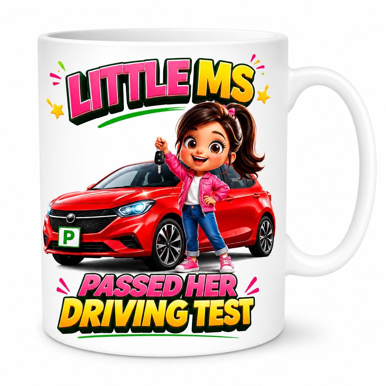 Personalised Passed Driving Test Celebration Mug: Little Ms New Driver Gift, Cute, 11oz Ceramic, Miss, Mrs, Her