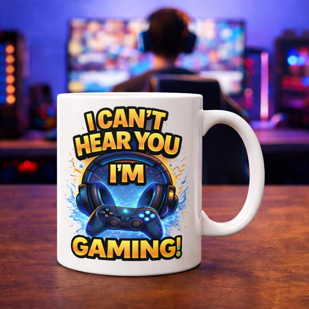 Personalised Funny Gamer Coffee Mug 'I Can't Hear You I'm Gaming', 11oz Cup, Teenager, Teens, Games Console, Ceramic