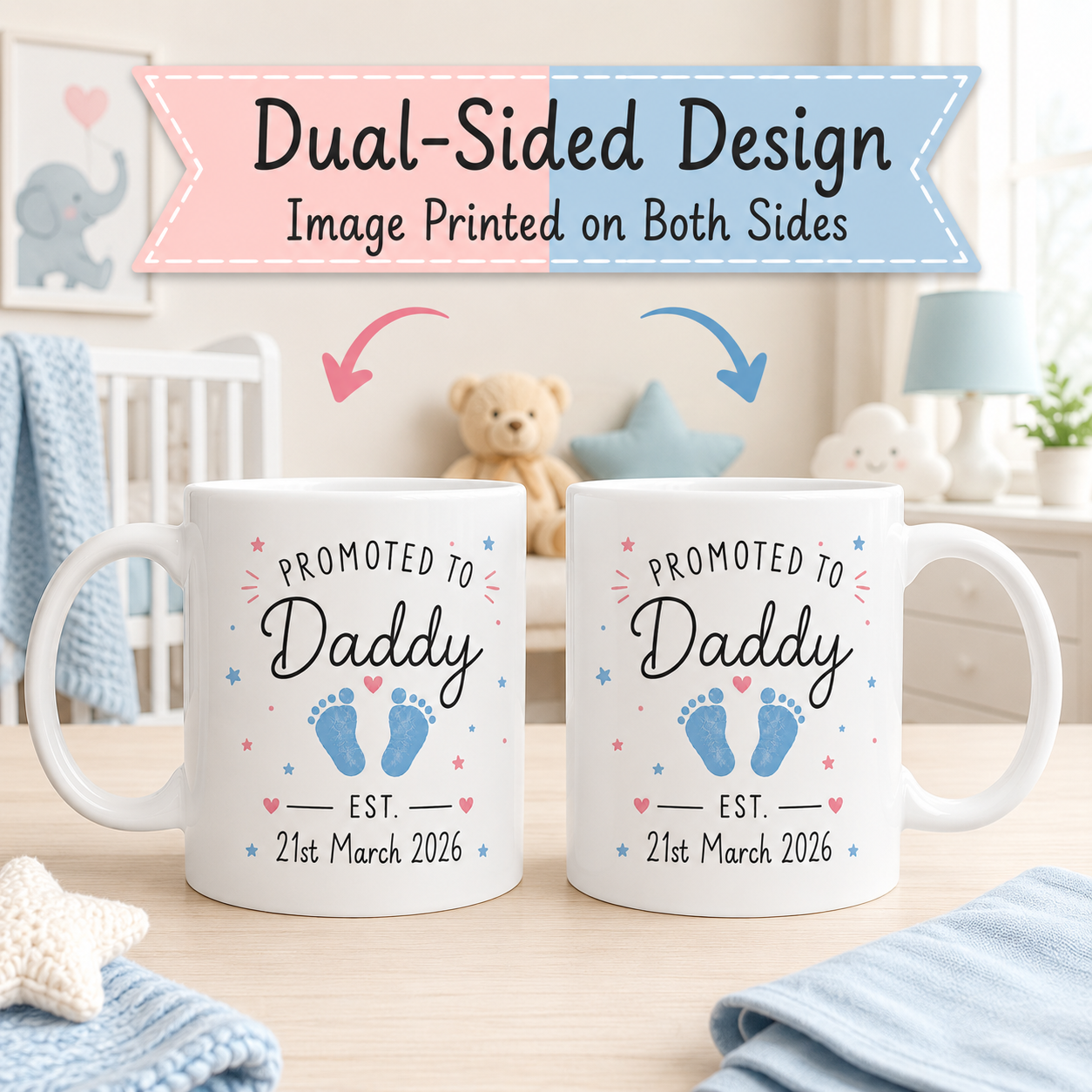 Personalised Mummy & Daddy Mug Set – Custom Baby Date & Footprint Colour 11oz