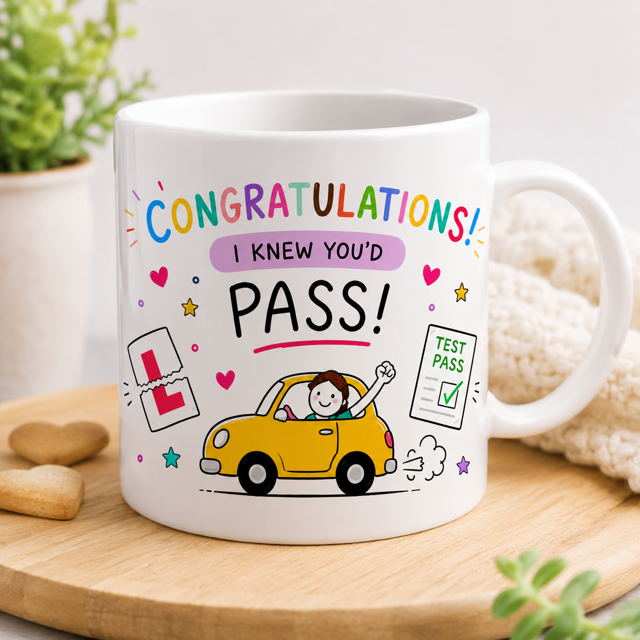 Personalised Driving Test Pass Mug – Cute Yellow Car Design – Congratulations New Driver Gift – Fun Learner Passing Present 11oz, Her, Sister, Daughter