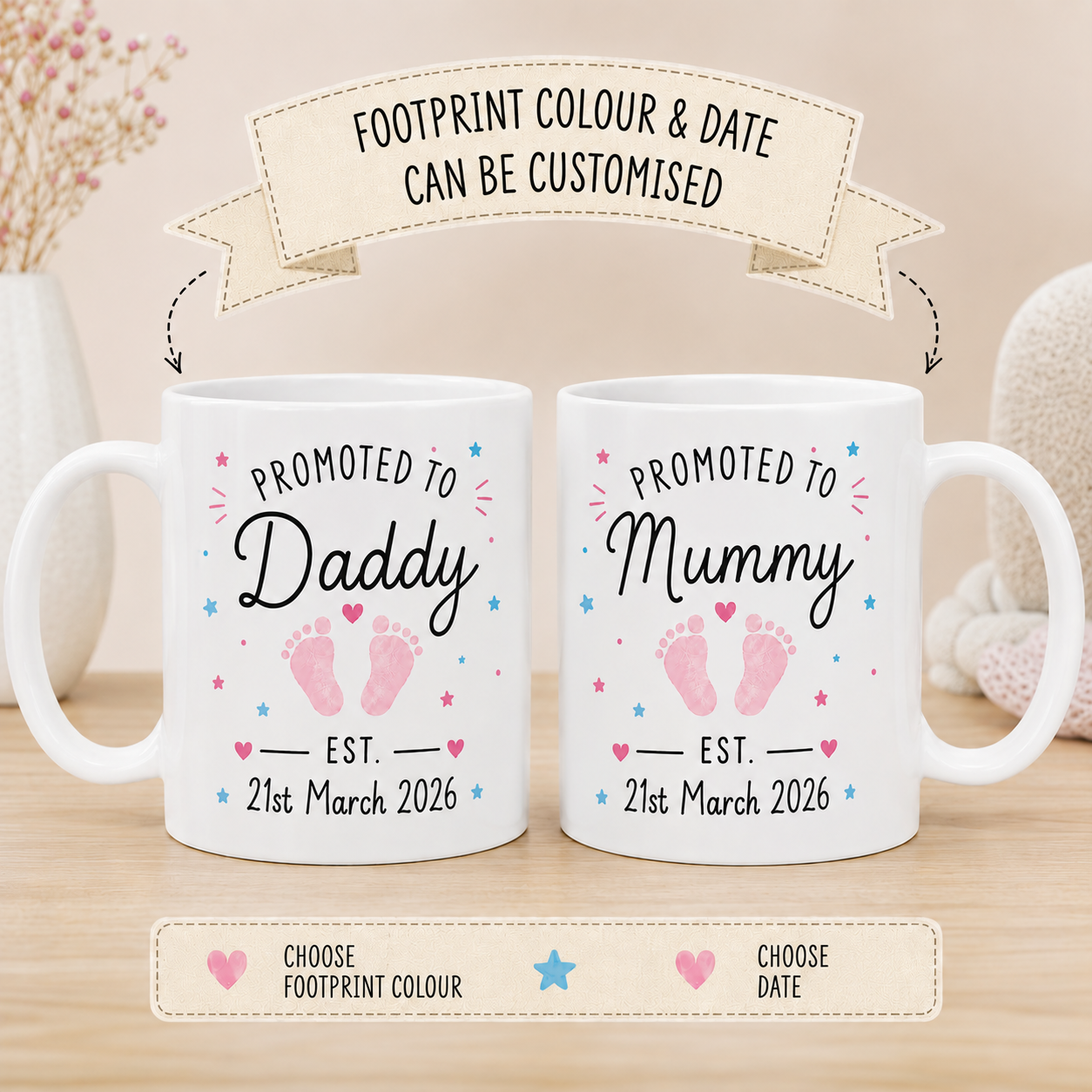 Personalised Mummy & Daddy Mug Set – Custom Baby Date & Footprint Colour 11oz