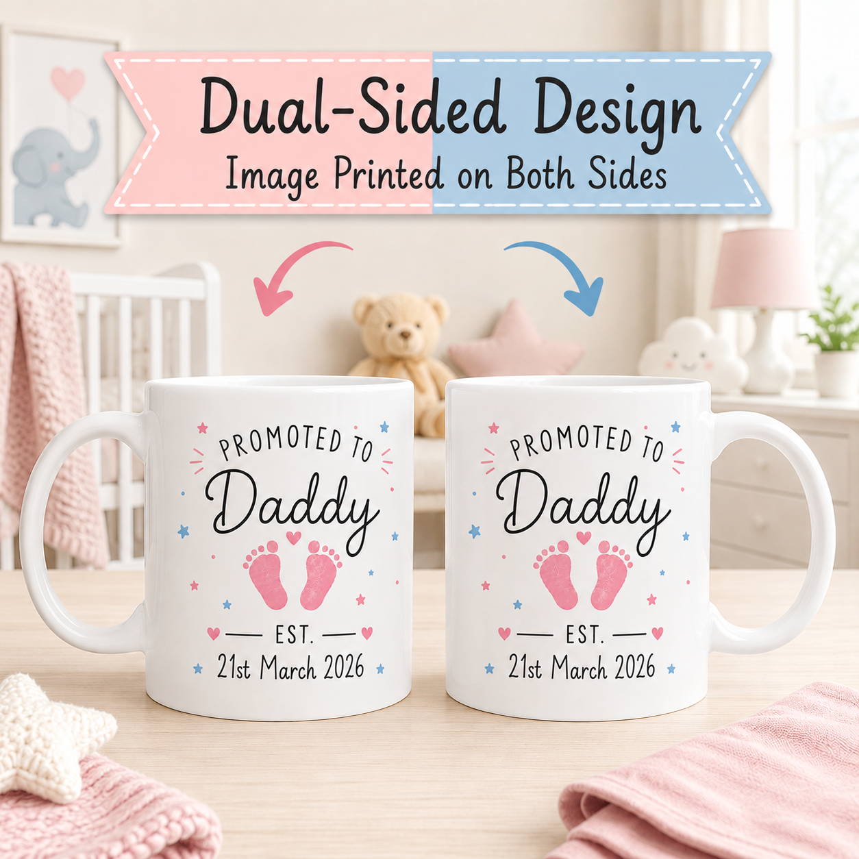 Personalised Mummy & Daddy Mug Set – Custom Baby Date & Footprint Colour 11oz