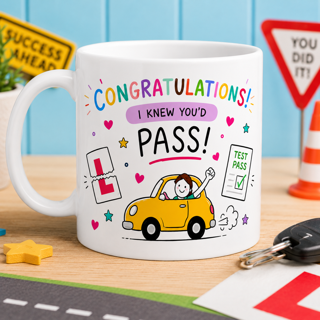 Personalised Driving Test Pass Mug – Cute Yellow Car Design – Congratulations New Driver Gift – Fun Learner Passing Present 11oz, Her, Sister, Daughter