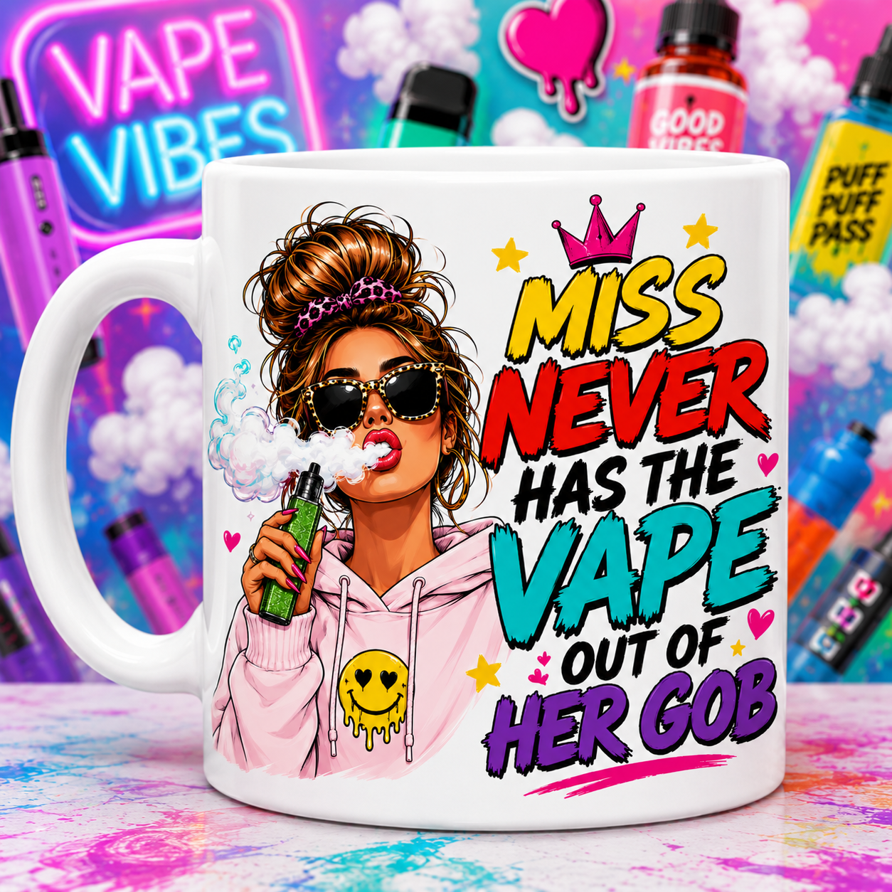 Personalised Miss Never Has The Vape Out Of Her Gob Mug – Funny Vape Girl Mug – Brown or Blonde Hair Option – Novelty Gift for Vapers – Funny Coffee Cup 11oz