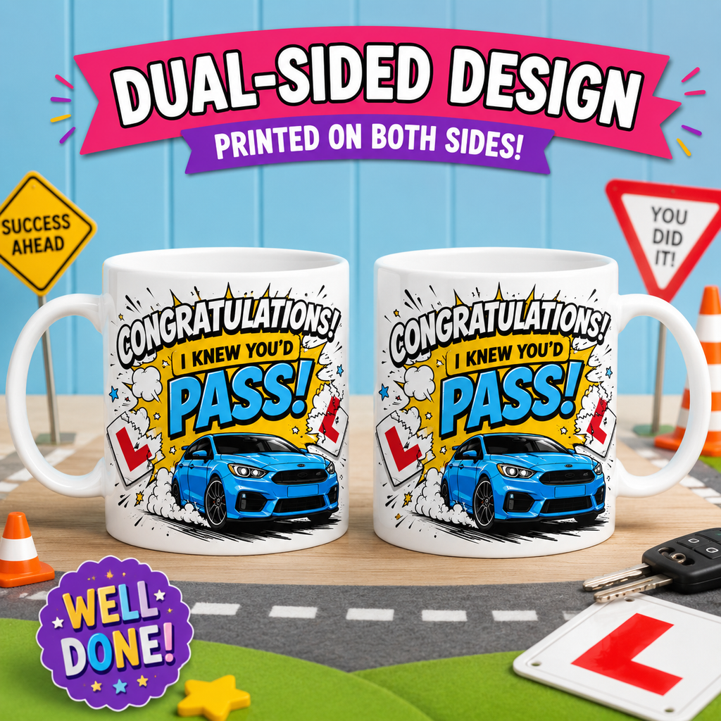 Personalised Driving Test Pass Mug – Blue Sports Car Design – Congratulations New Driver Gift – Funny Learner Driver Cup, Him, Son, Brother 11oz