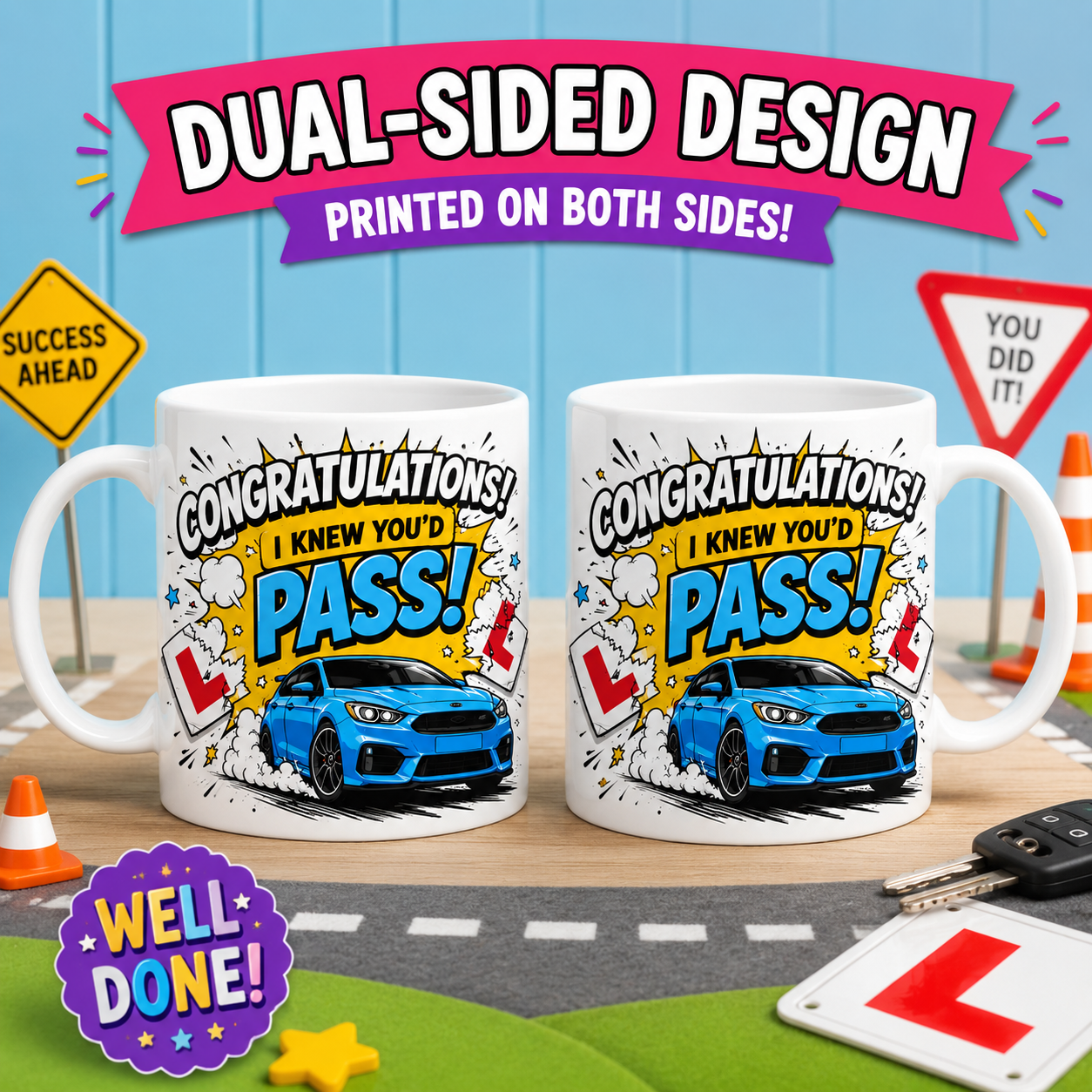 Personalised Driving Test Pass Mug – Blue Sports Car Design – Congratulations New Driver Gift – Funny Learner Driver Cup, Him, Son, Brother 11oz