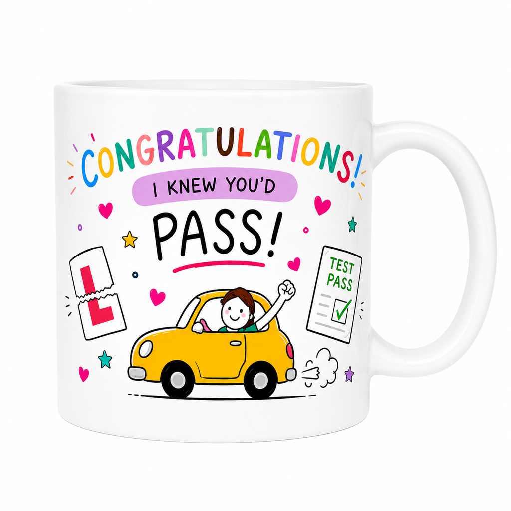 Personalised Driving Test Pass Mug – Cute Yellow Car Design – Congratulations New Driver Gift – Fun Learner Passing Present 11oz, Her, Sister, Daughter