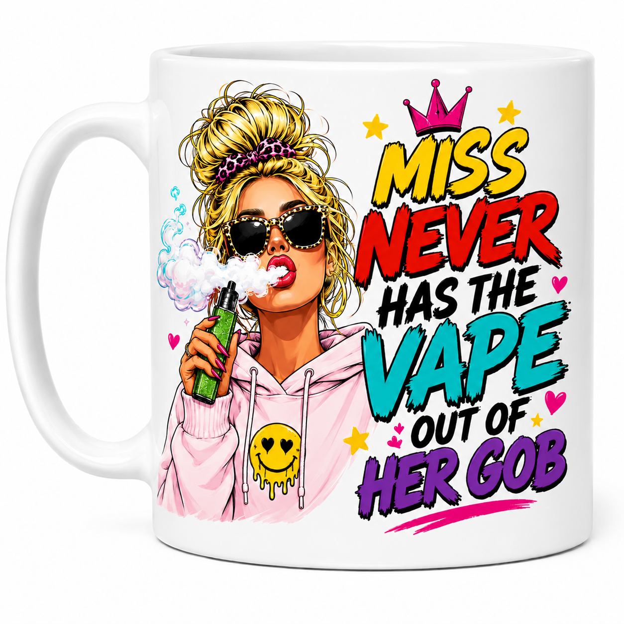 Personalised Miss Never Has The Vape Out Of Her Gob Mug – Funny Vape Girl Mug – Brown or Blonde Hair Option – Novelty Gift for Vapers – Funny Coffee Cup 11oz